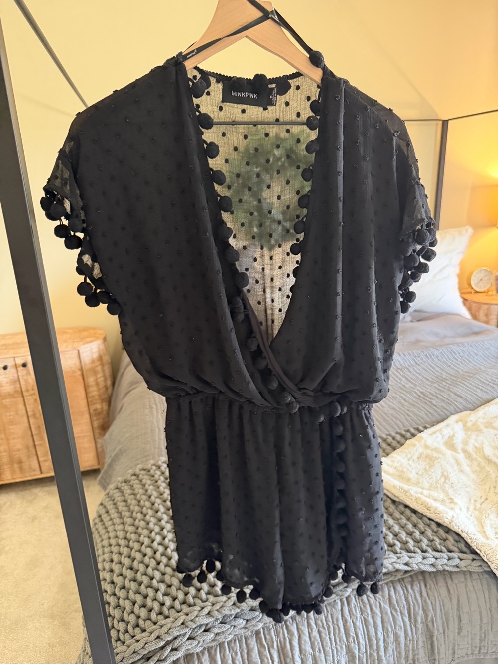 MINKPINK Black Pom-Trim Swiss Dot Wrap Romper